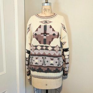 Vintage 90's L.L.Bean Large Chunky Knit Wool Sweater Geometric Southwest …